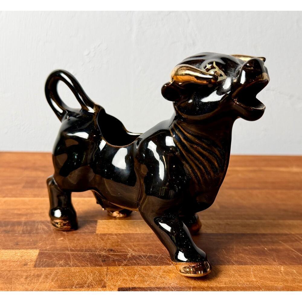 Vintage 1950s Black Bull Creamer | Gold Accents, Mid-Century Ceramic Pitcher - Picture 3 of 15